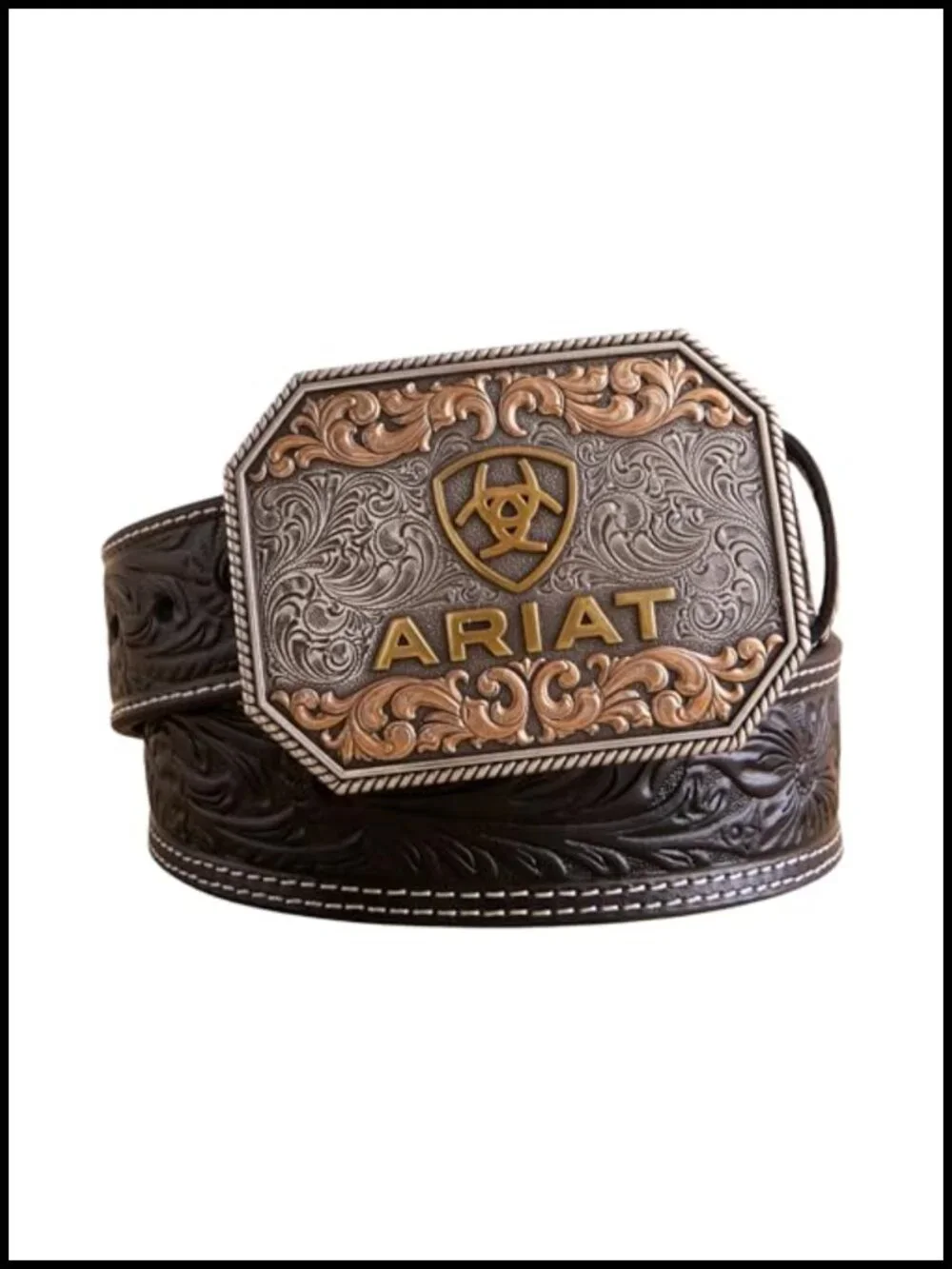 Tapered Western Leather Belt with Floral Embossed Design and Two-Tone Buckle